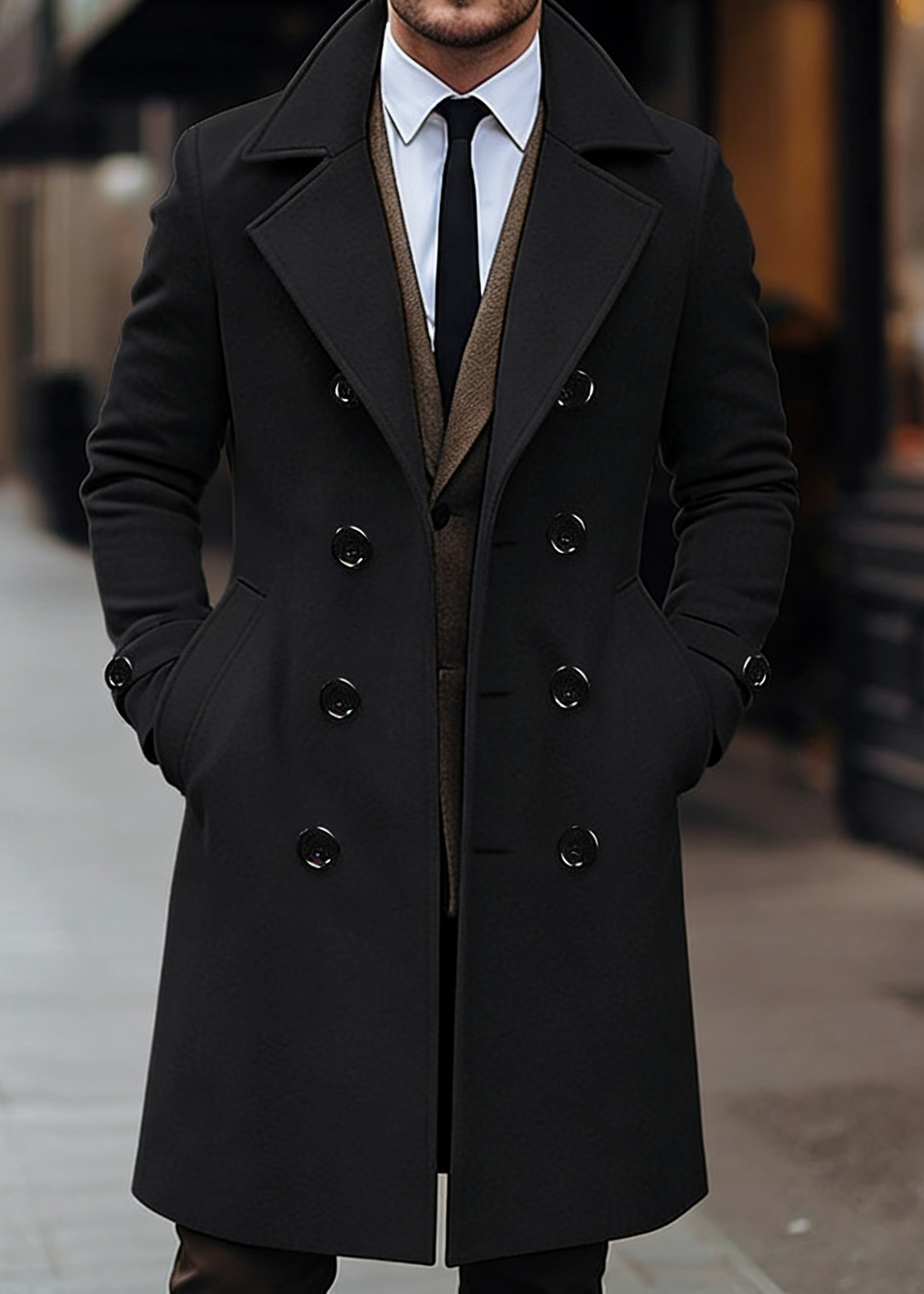 Men’s Classic Double-Breasted Wool Blend Overcoat – Mid-Length Tailored Winter Trench