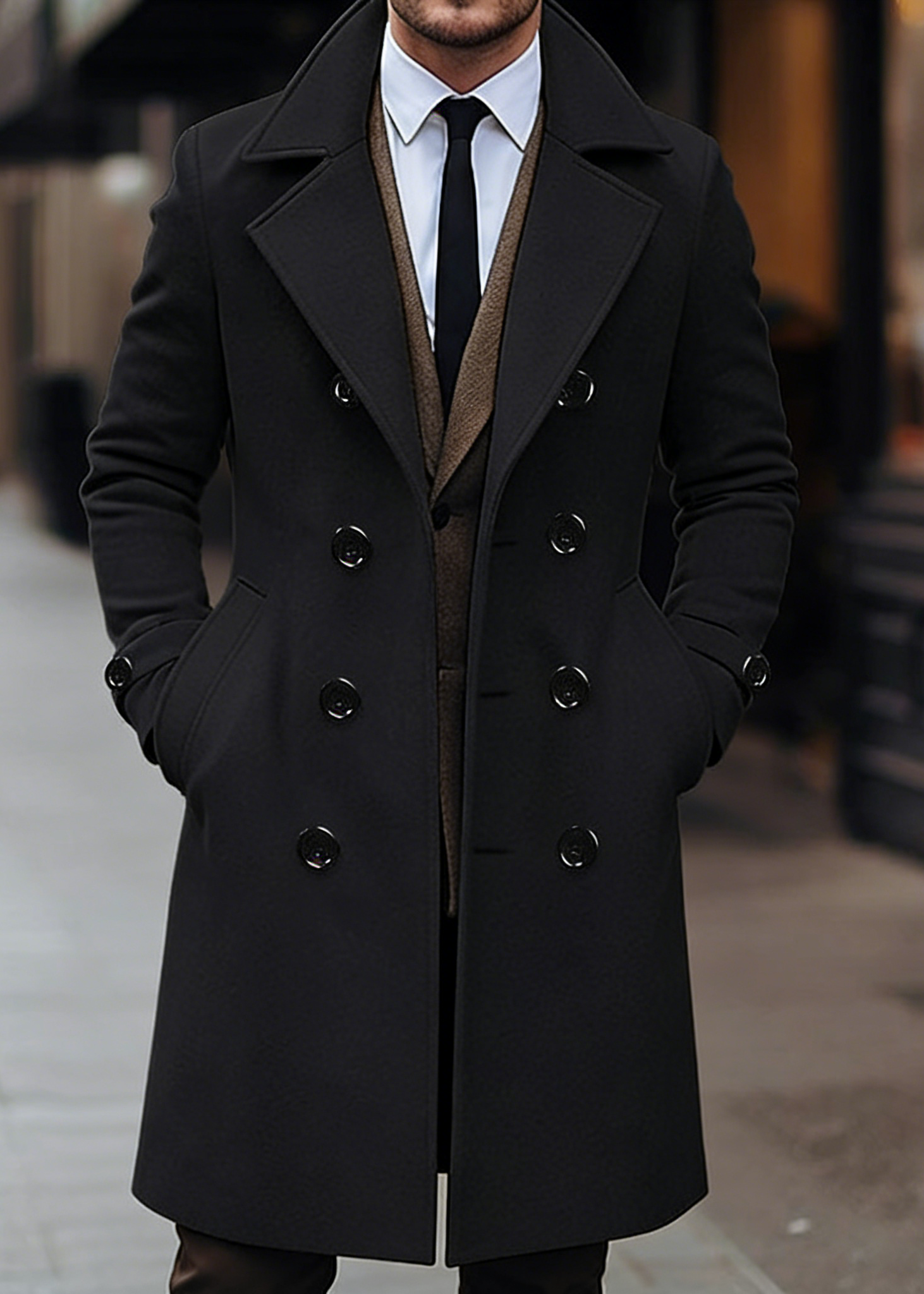 Men’s Classic Double-Breasted Wool Blend Overcoat – Mid-Length Tailored Winter Trench