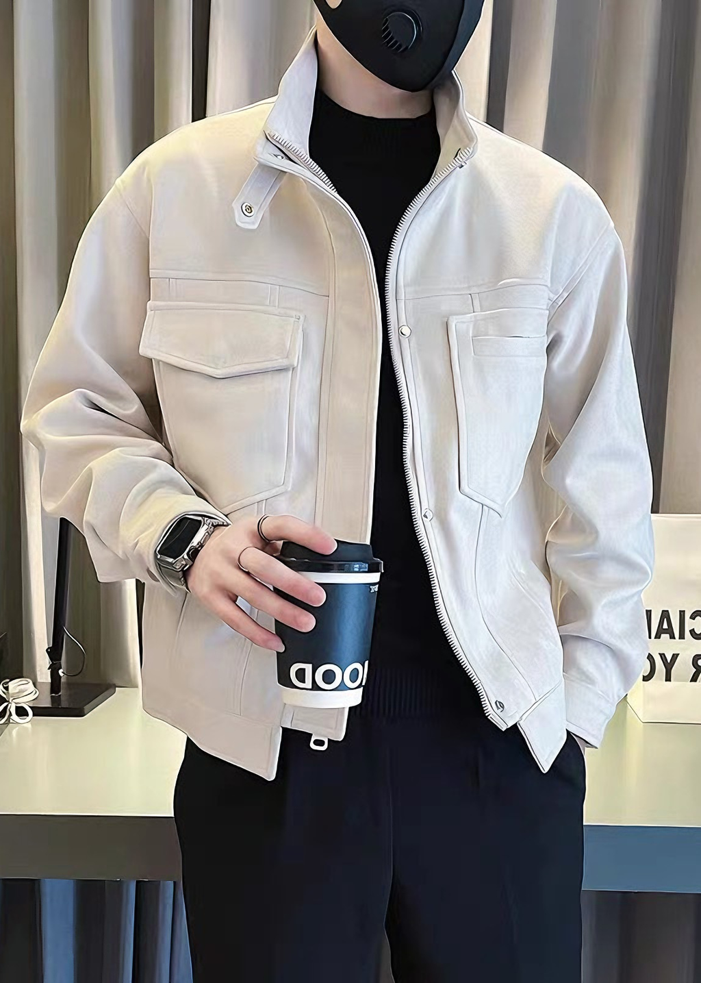 Men’s Suede-Touch Stand Collar Workwear Jacket – Trendy Street Style Spring/Fall Outerwear