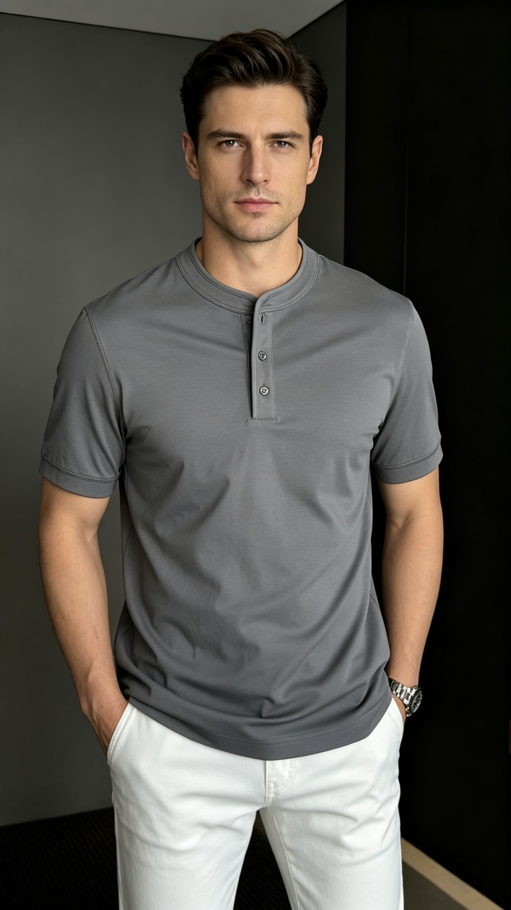Men's Stand Collar Solid Color Casual Short Sleeve Shirt