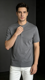 Men's Stand Collar Solid Color Casual Short Sleeve Shirt