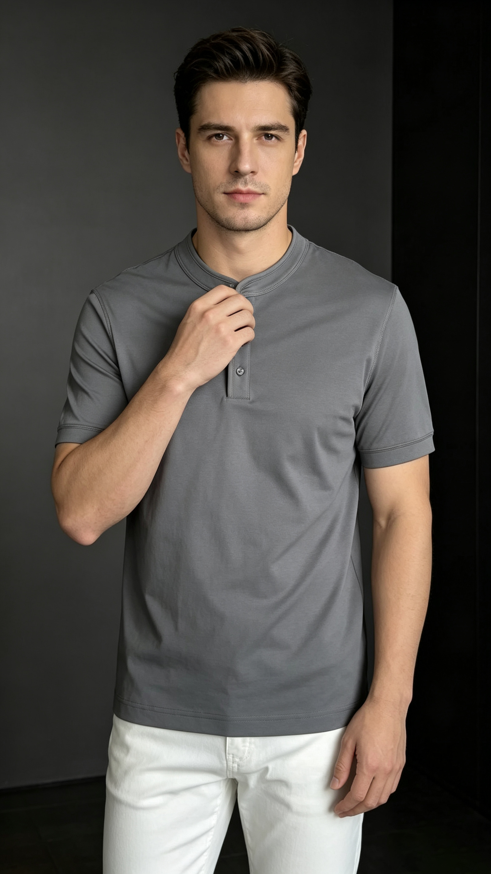 Men's Stand Collar Solid Color Casual Short Sleeve Shirt