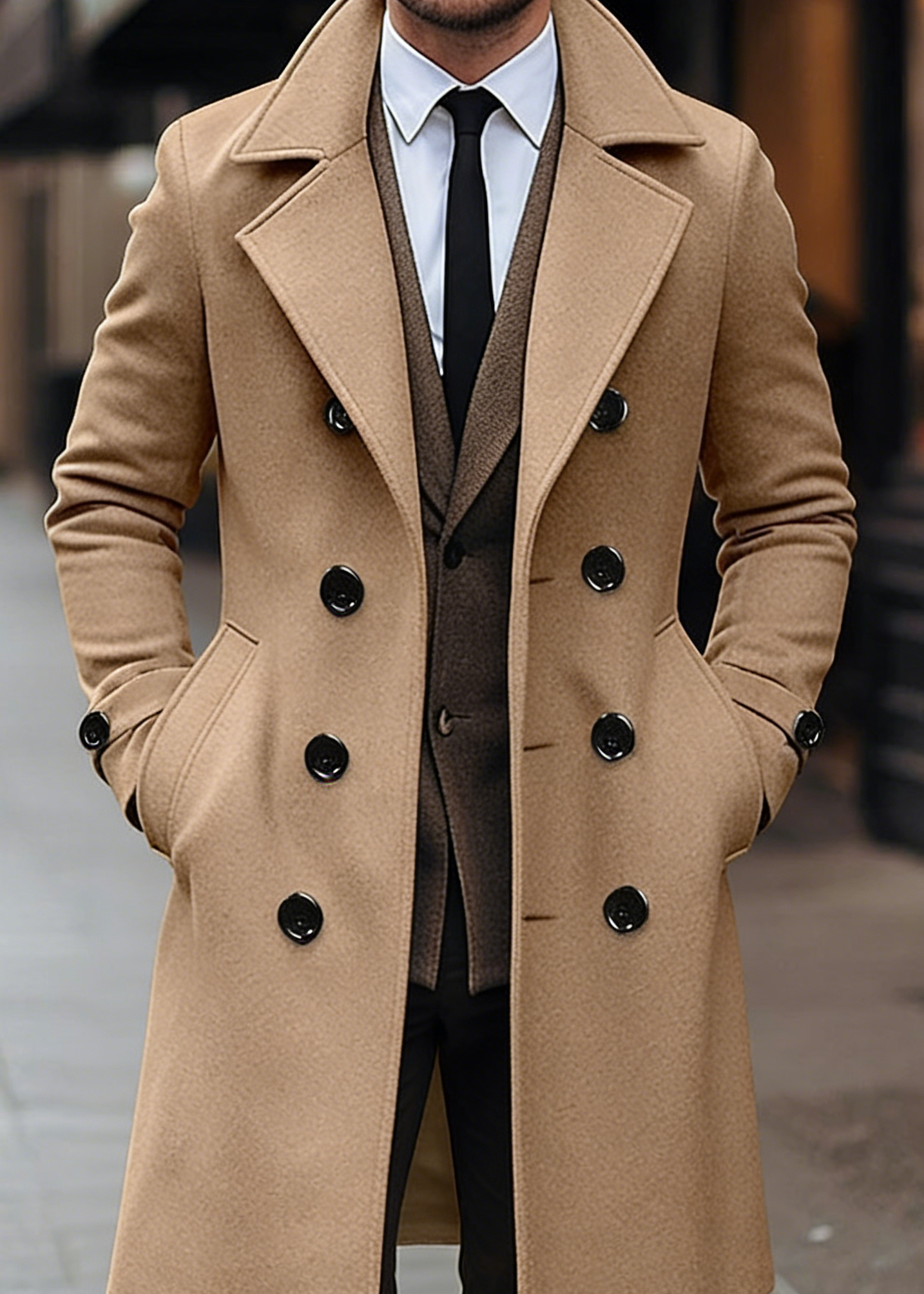 Men’s Classic Double-Breasted Wool Blend Overcoat – Mid-Length Tailored Winter Trench