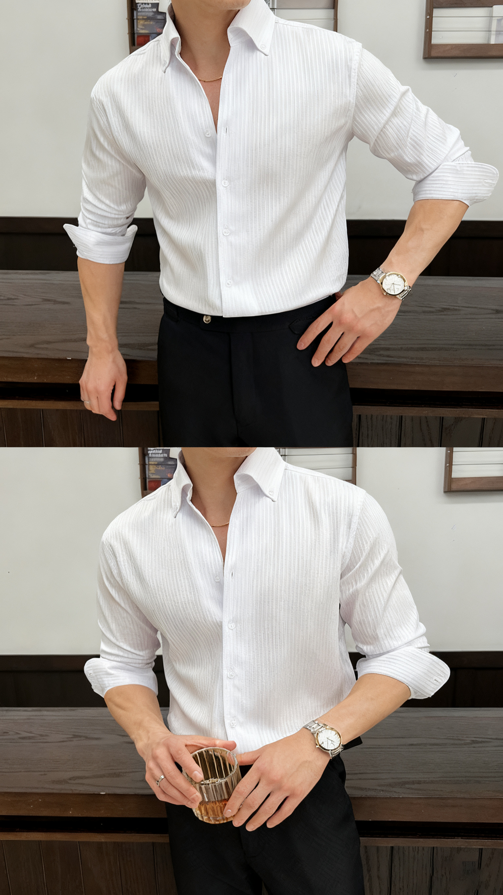 Men’s Premium Striped V-Neck Stand Collar Shirt — Elegant Modern Fit for Business & Leisure