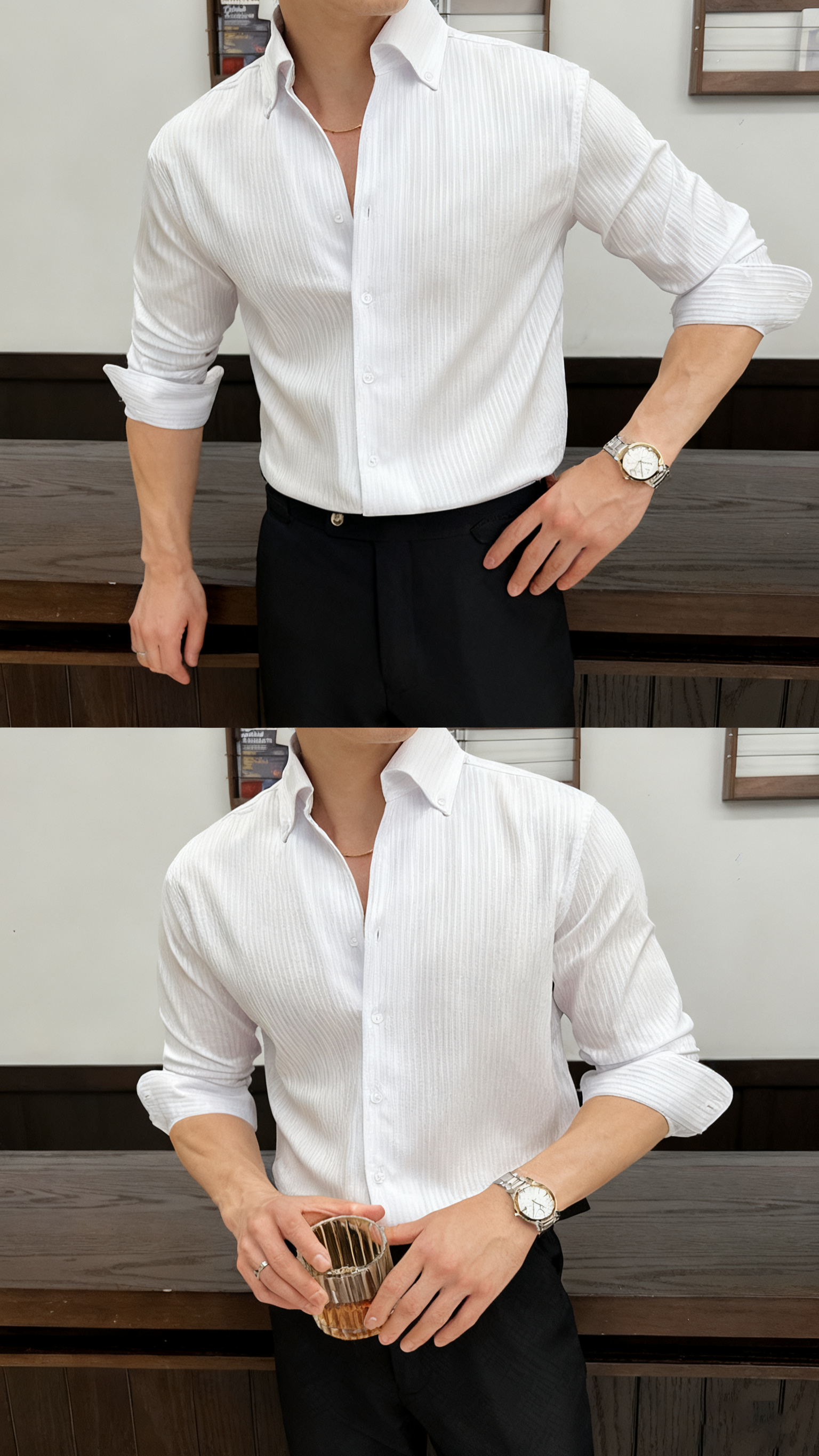Men’s Premium Striped V-Neck Stand Collar Shirt — Elegant Modern Fit for Business & Leisure
