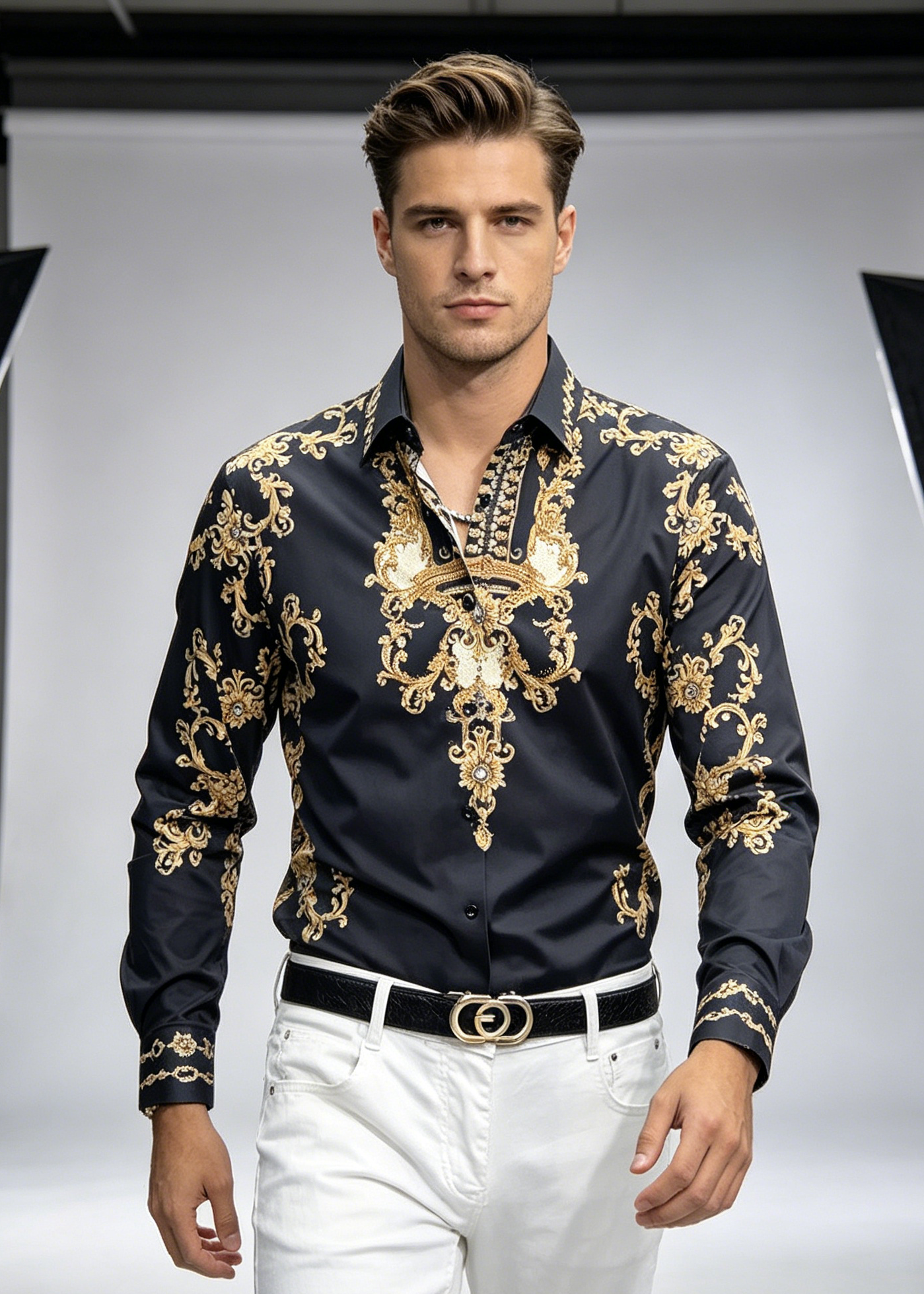 Men's Luxury Baroque Gold Print Shirt - Slim Fit Rhinestone Long Sleeve