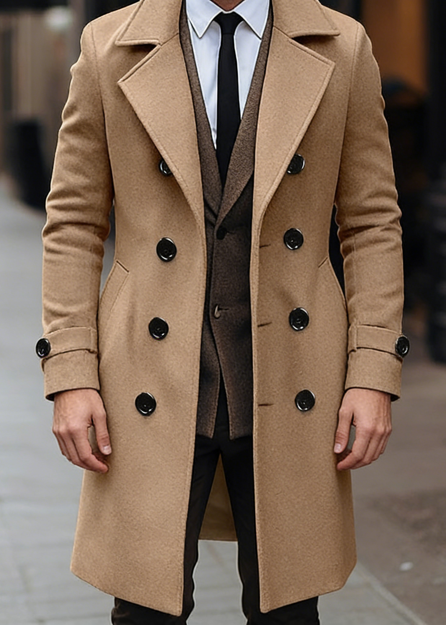 Men’s Classic Double-Breasted Wool Blend Overcoat – Mid-Length Tailored Winter Trench