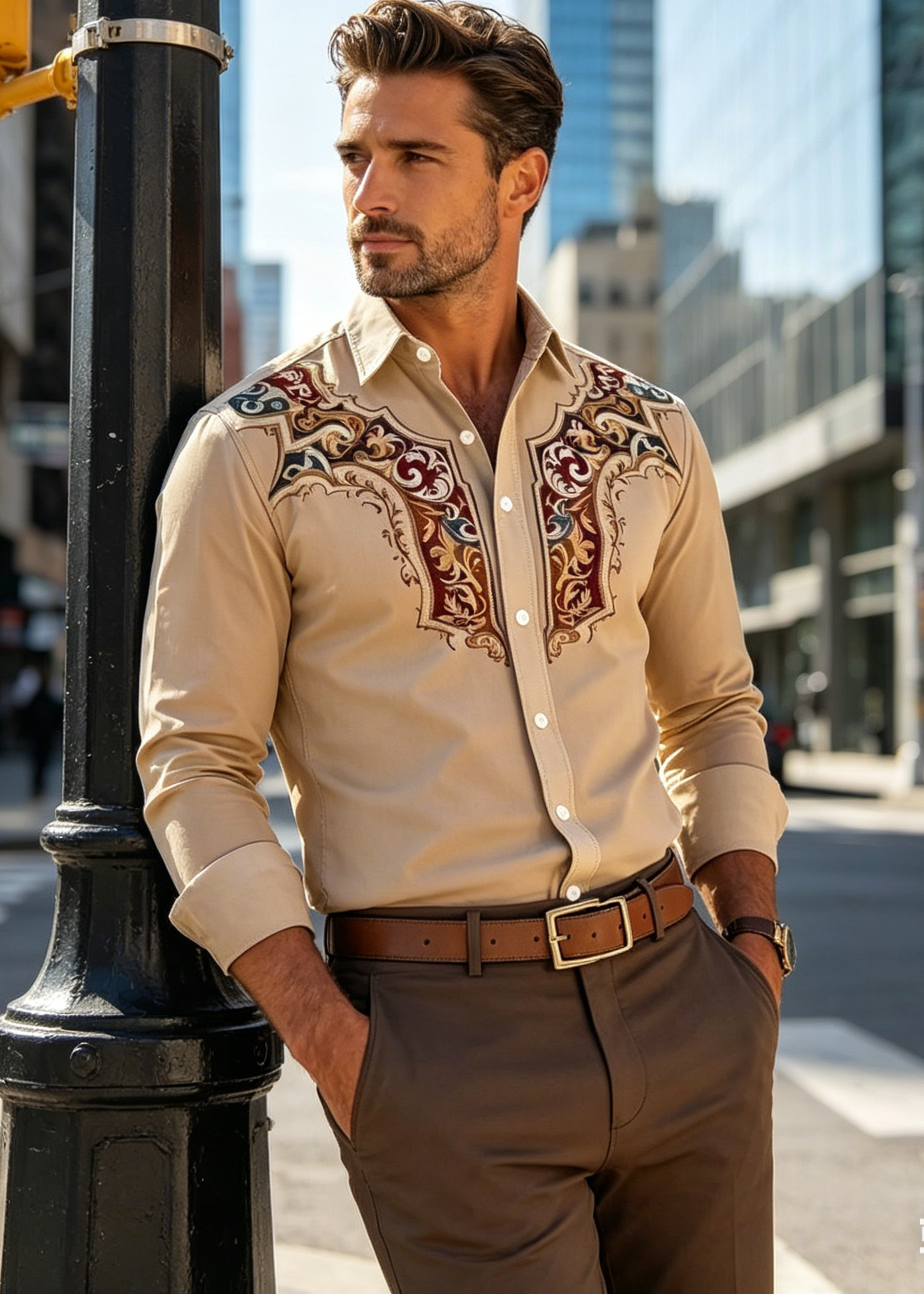 Men’s Western Embroidered Stretch Shirt – Vintage Cowboy Business Casual Button-Up