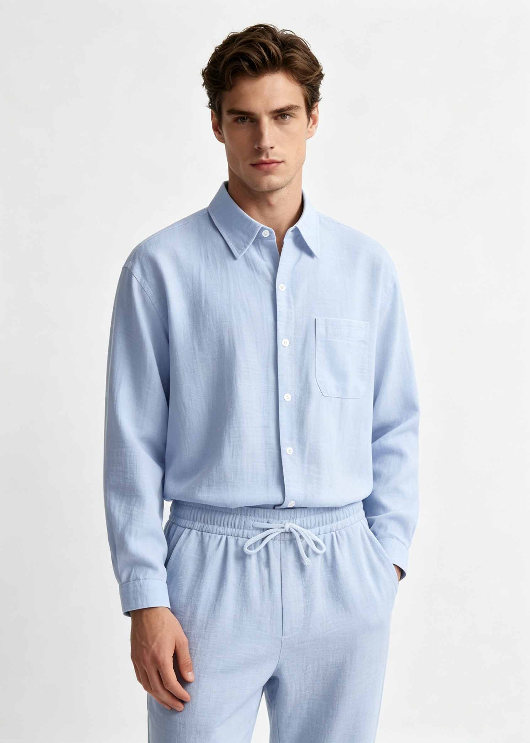 Men's 2-Piece Linen Outfits Casual Long Sleeve Button Down Shirt and Pants Set Beach Vacation Suits