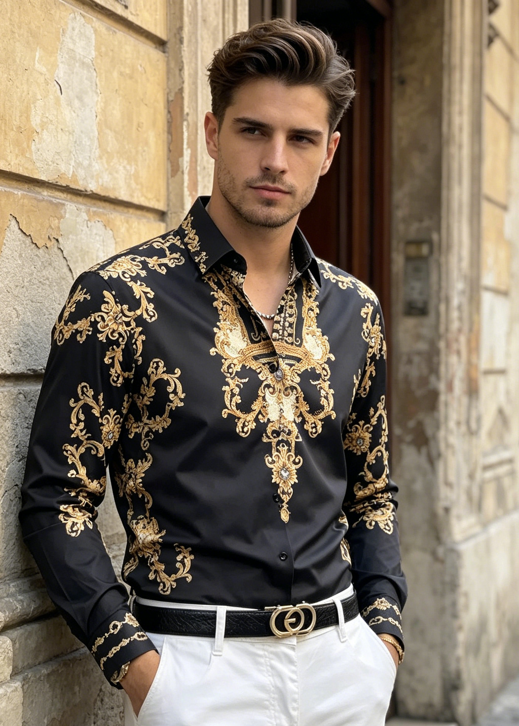 Men's Luxury Baroque Gold Print Shirt - Slim Fit Rhinestone Long Sleeve