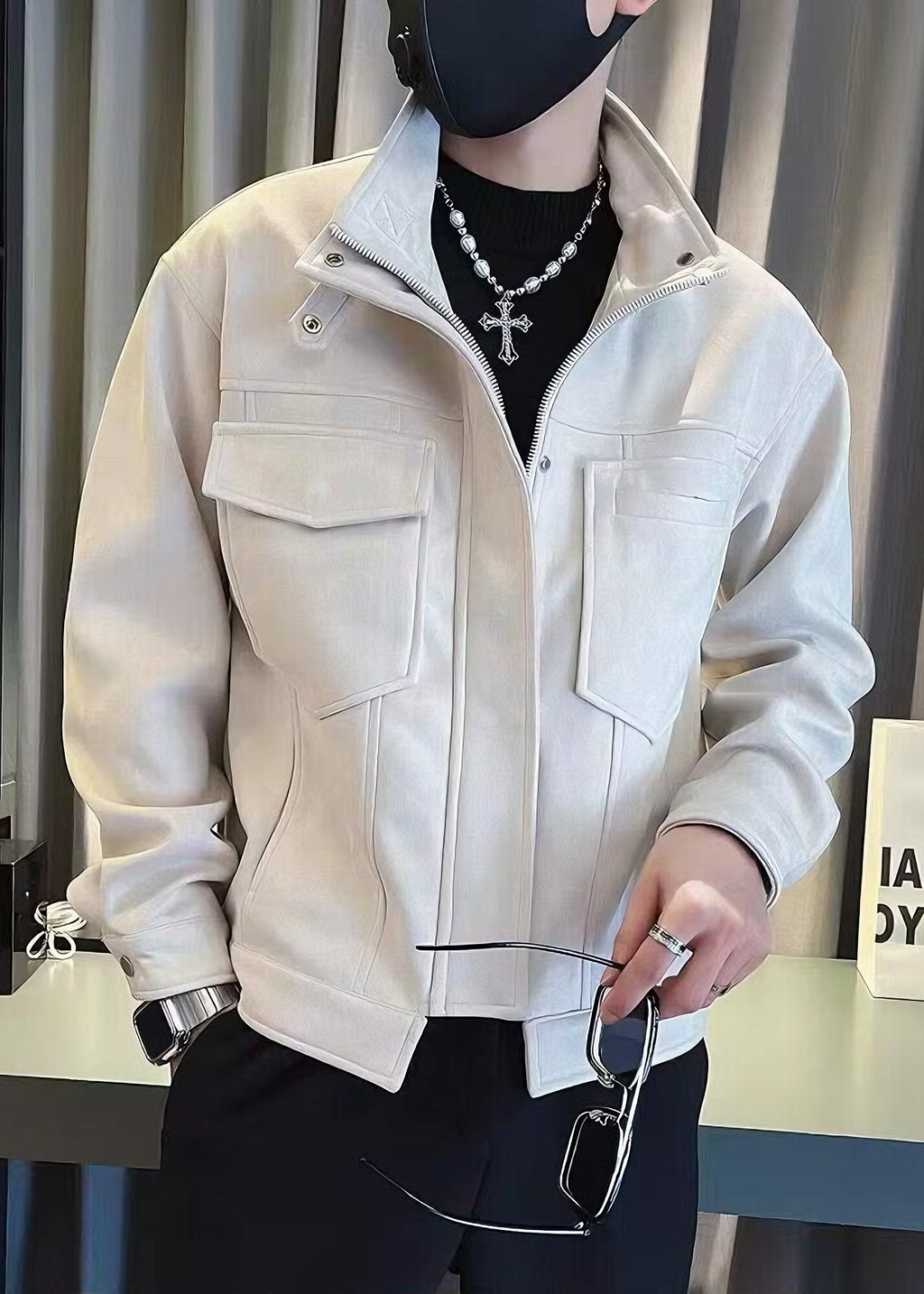 Men’s Suede-Touch Stand Collar Workwear Jacket – Trendy Street Style Spring/Fall Outerwear