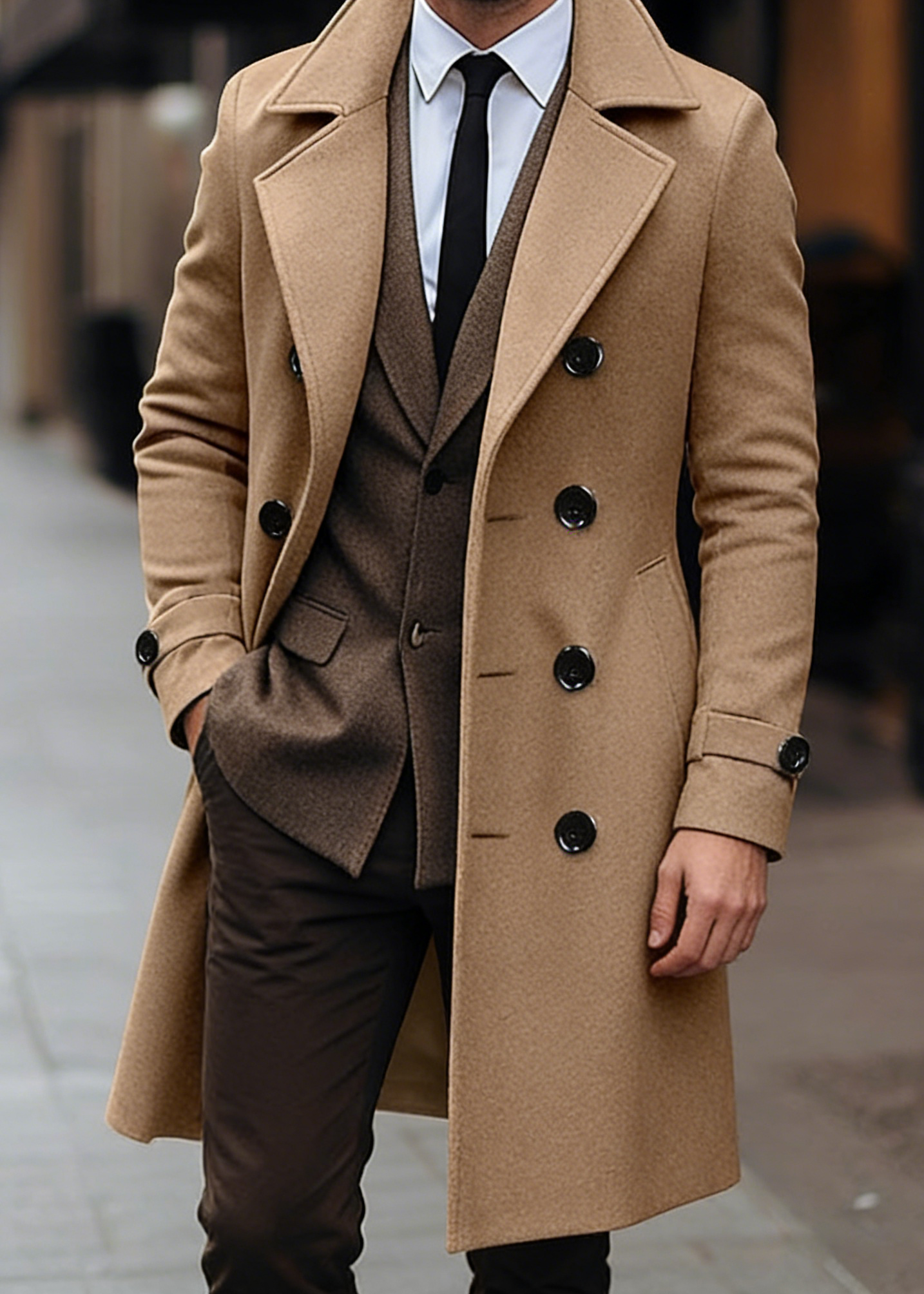 Men’s Classic Double-Breasted Wool Blend Overcoat – Mid-Length Tailored Winter Trench