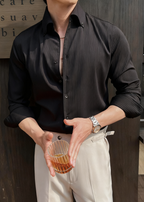 Men’s Premium Striped V-Neck Stand Collar Shirt — Elegant Modern Fit for Business & Leisure