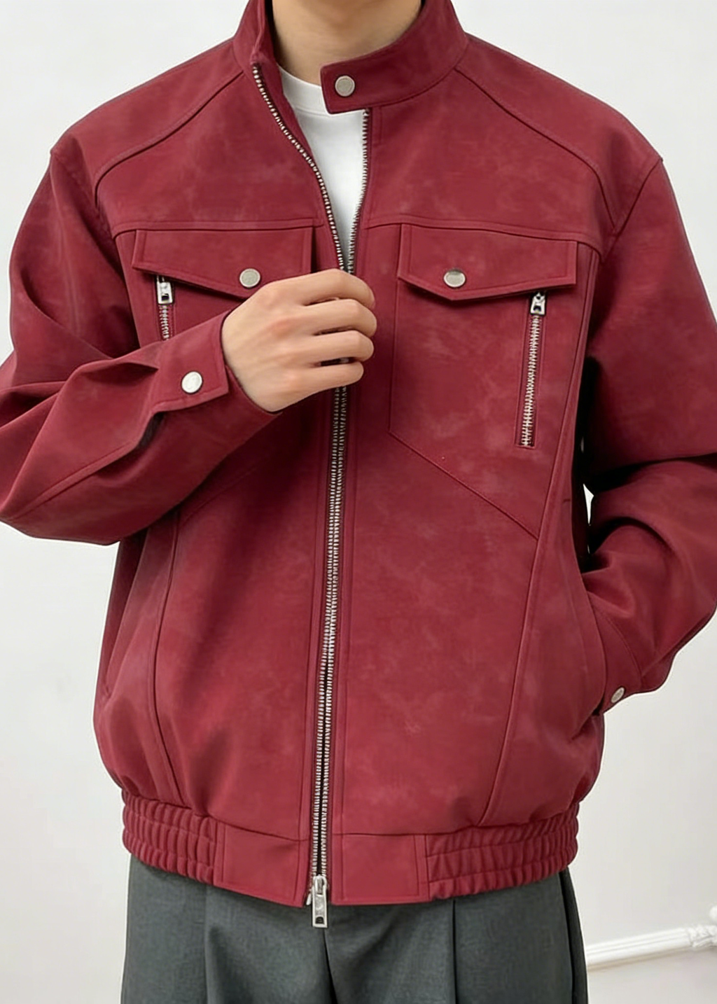 Men’s Casual Moto-Style Faux Leather Jacket – Stand Collar Spring/Autumn Trend Coat