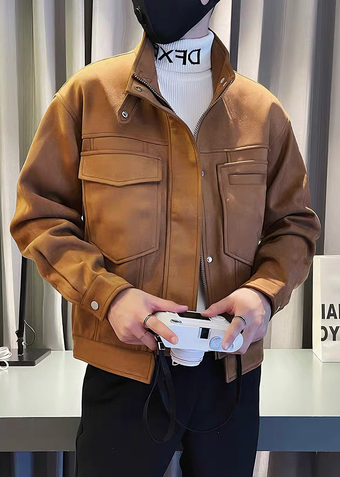 Men’s Suede-Touch Stand Collar Workwear Jacket – Trendy Street Style Spring/Fall Outerwear