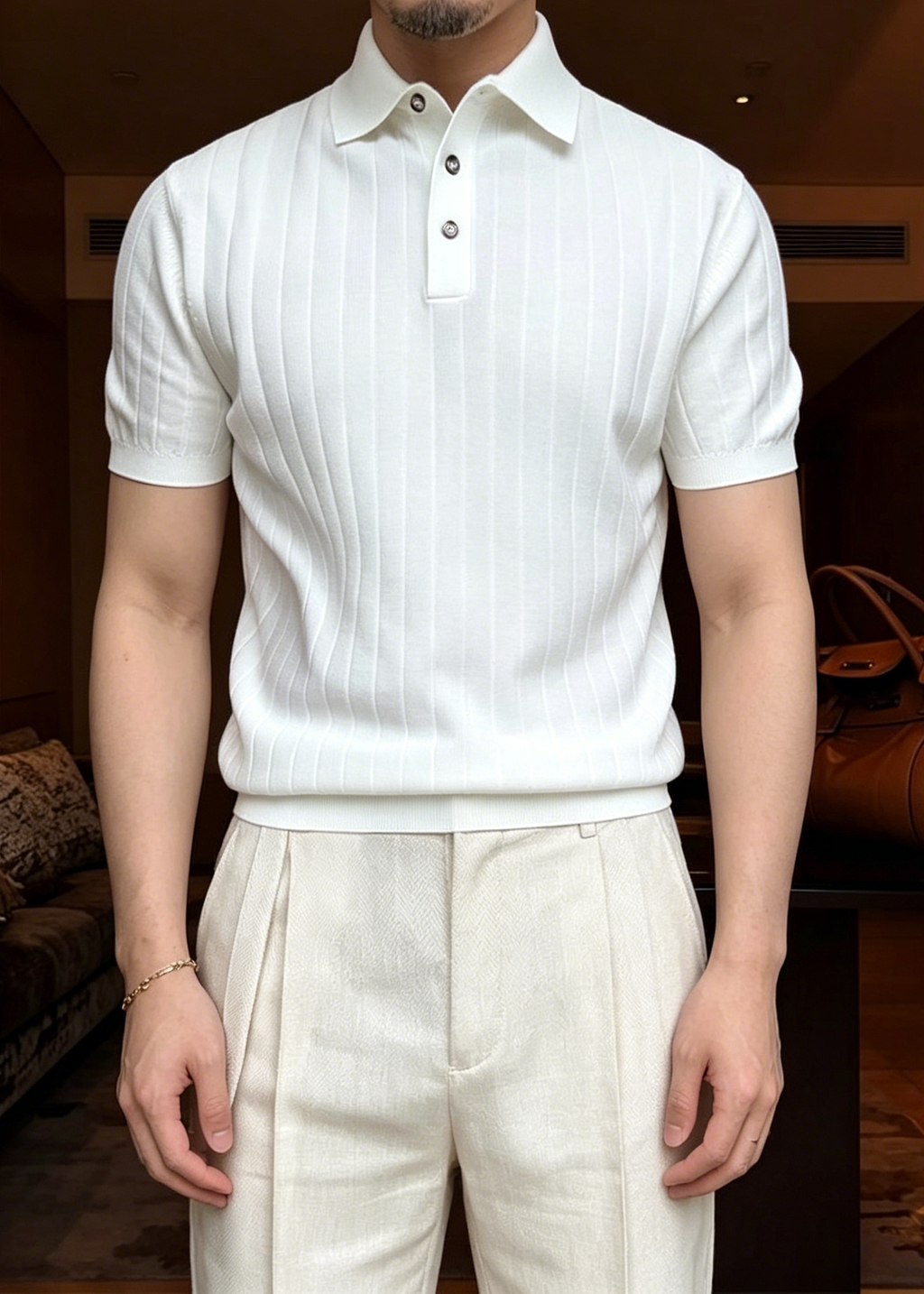 Men's Summer Slim-Fit Ribbed Polo Shirt – Short Sleeve Knitted Tee
