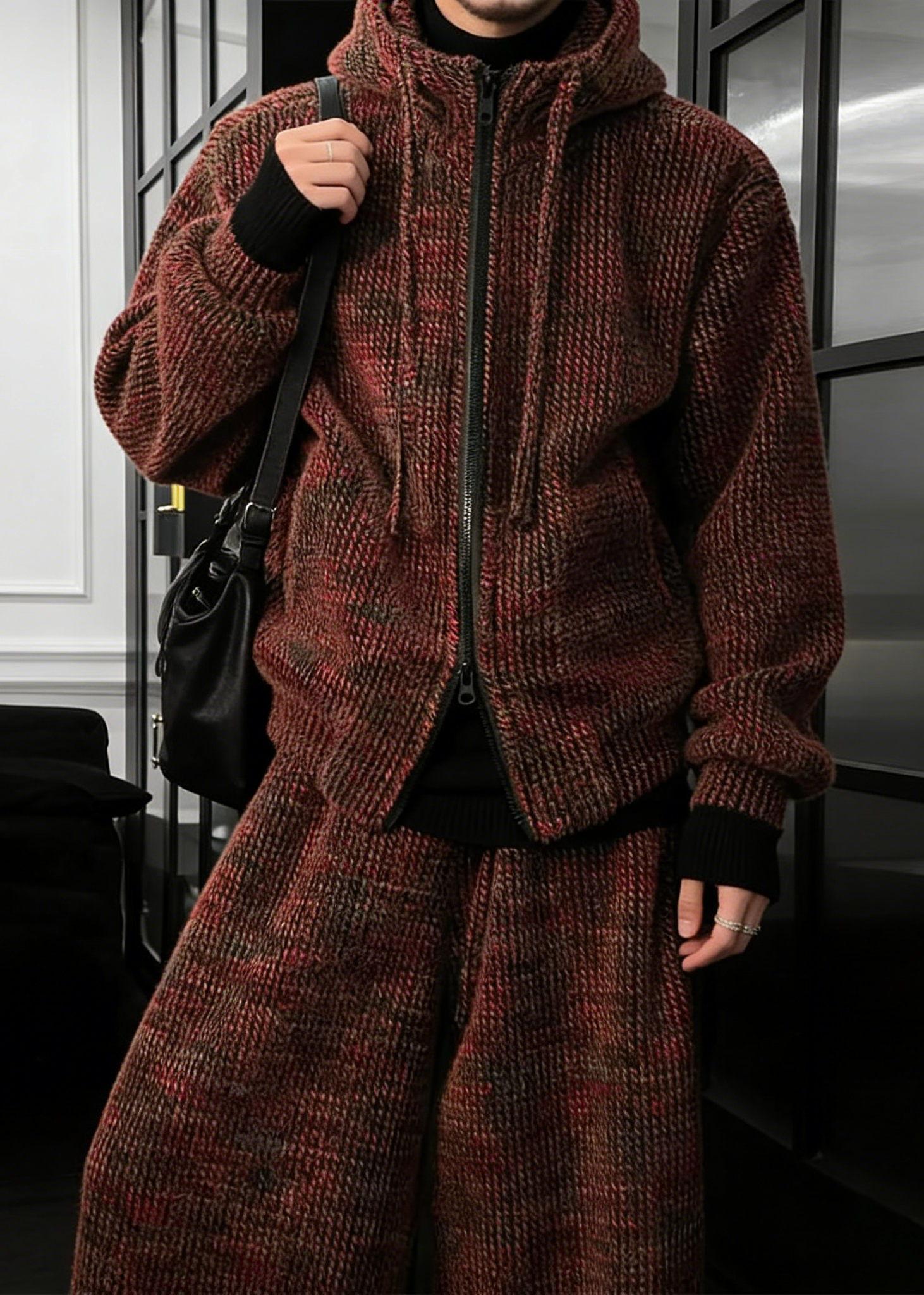 Vintage Vibes Chunky Knit Co-ord Set - Hooded Sweater & Wide Leg Pants