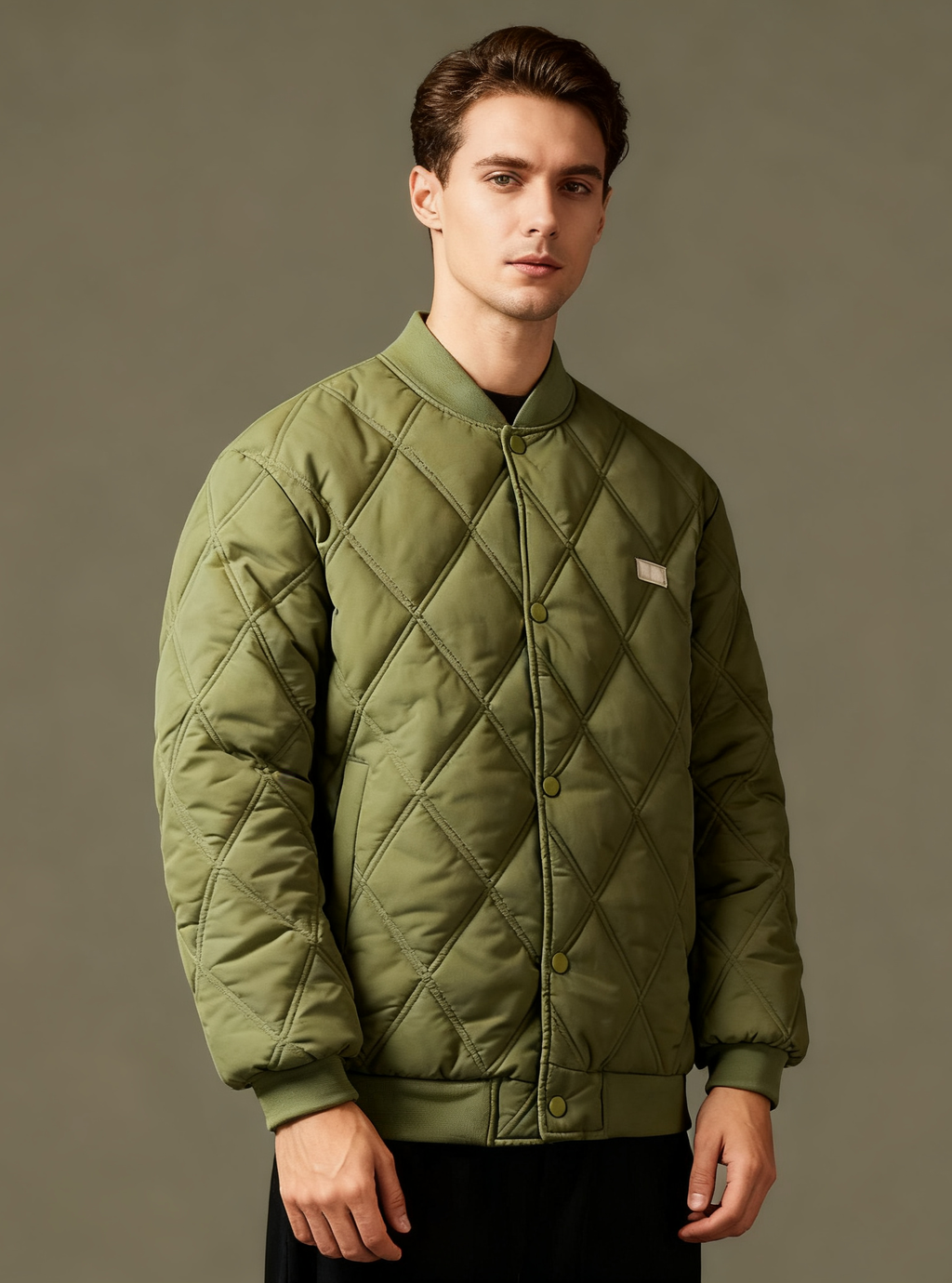Diamond Quilted Stand-Collar Baseball Jacket