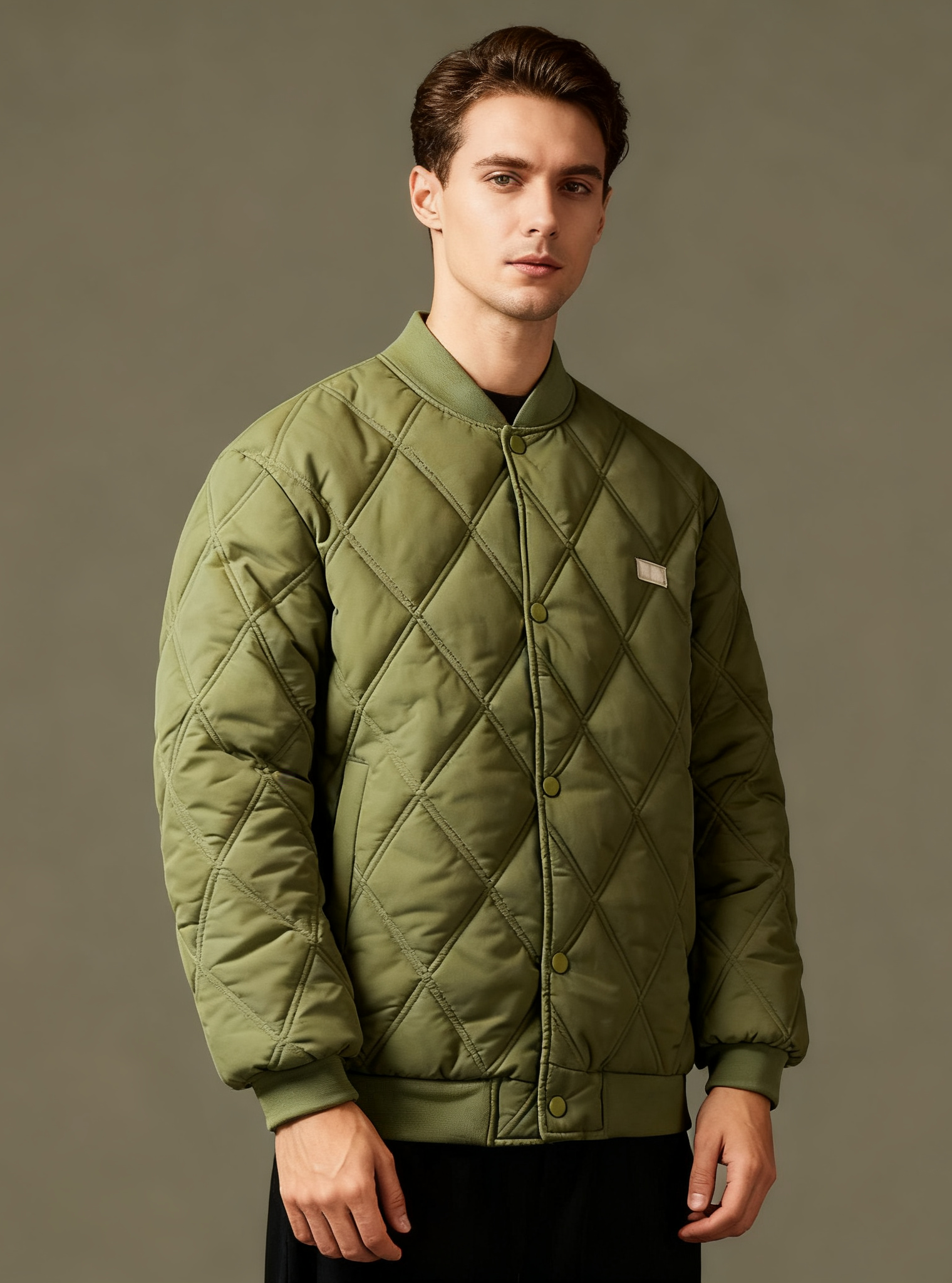 Diamond Quilted Stand-Collar Baseball Jacket