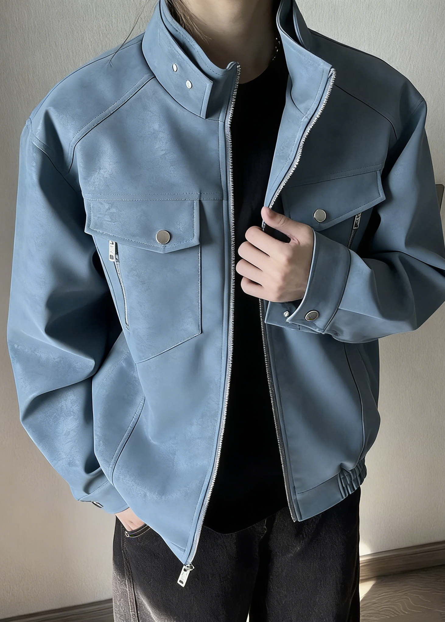 Men’s Casual Moto-Style Faux Leather Jacket – Stand Collar Spring/Autumn Trend Coat