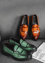 Men’s Double Buckle Chunky Sole Loafers – Retro Slip-On Dress Shoes