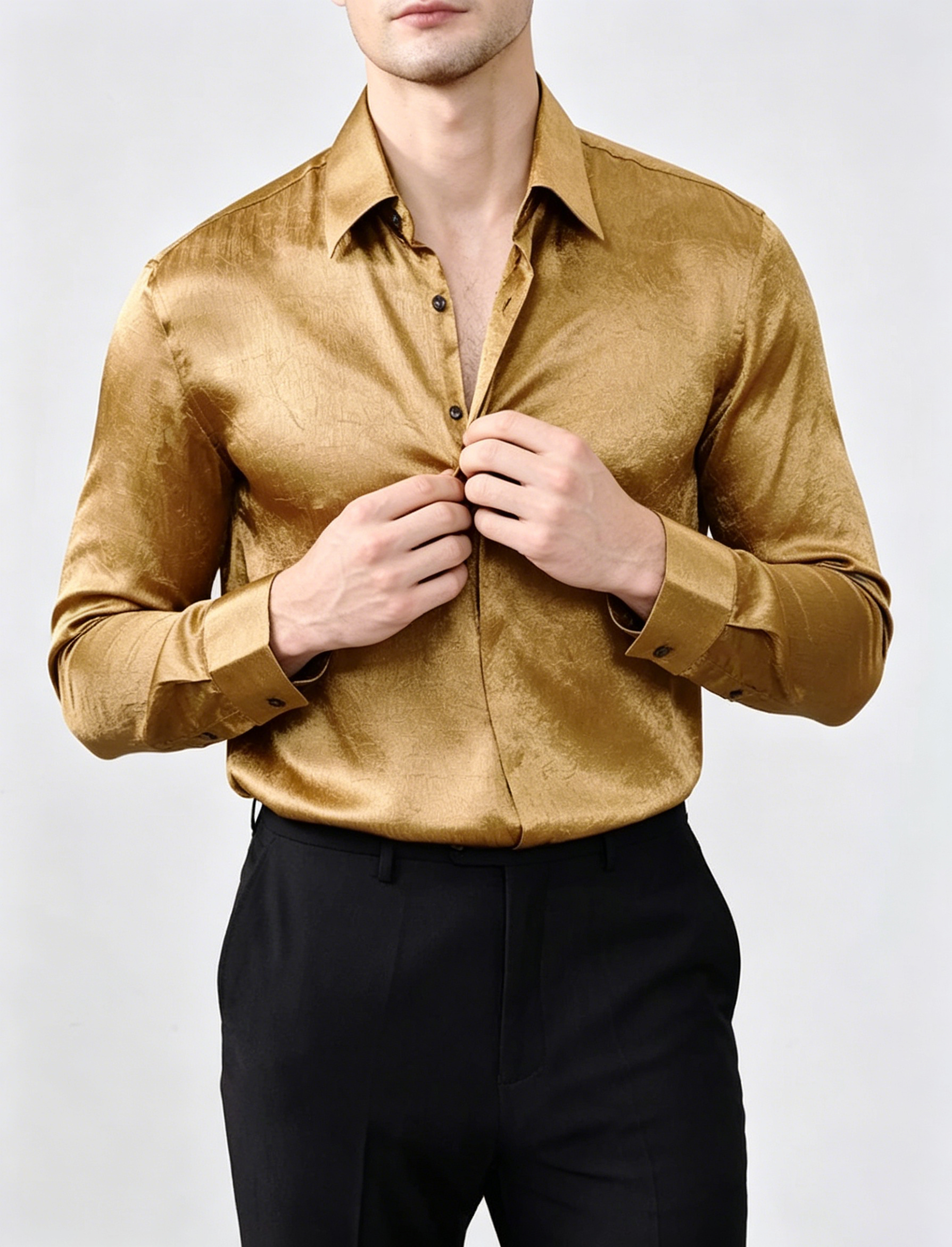 Premium Wrinkle-Textured Silky Long-Sleeve Shirt