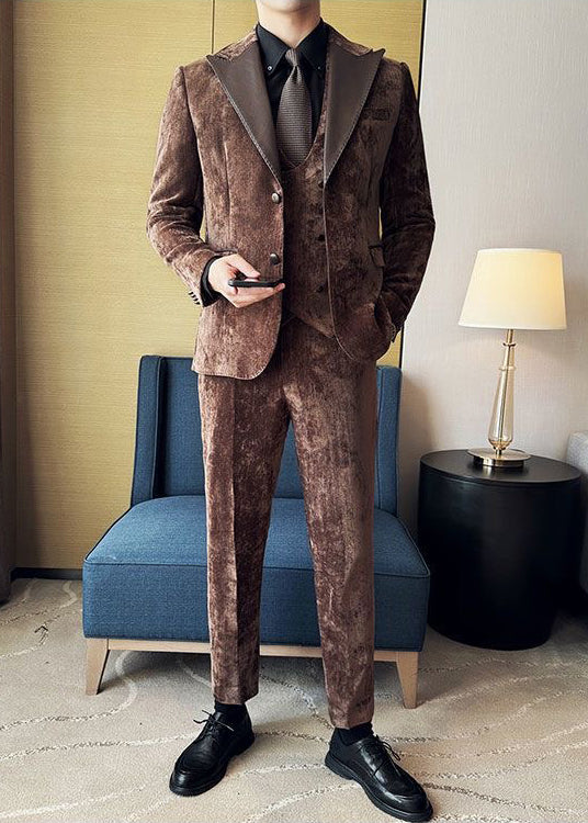 Vintage Luxury Chenille Suit Set with Contrast Leather Peak Lapel Slim Fit Groom Tuxedo & Party Wear