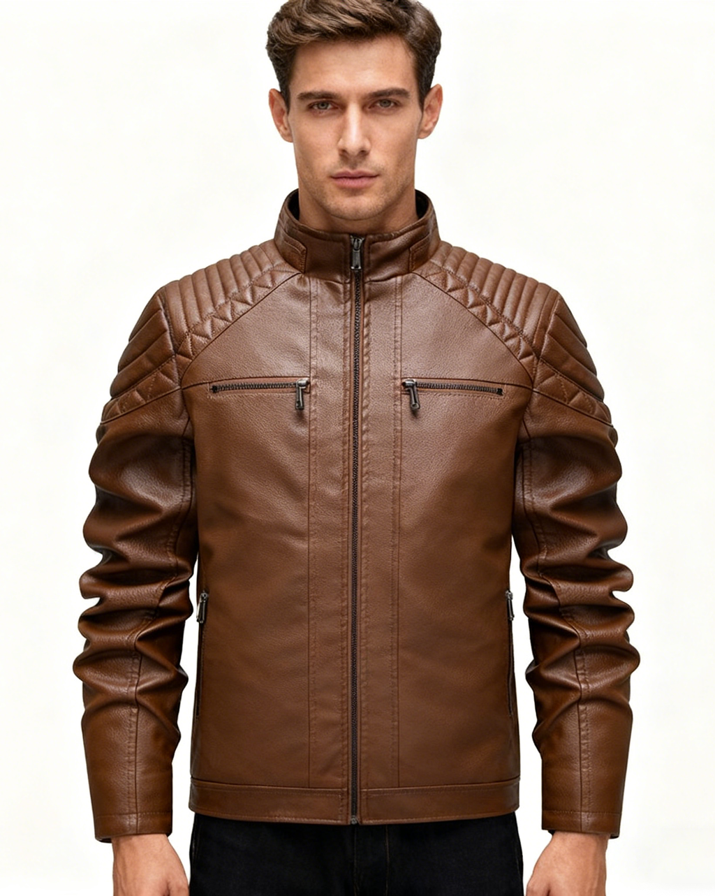 Fleece-Lined Stand Collar Leather Jacket