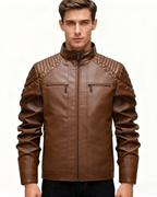 Fleece-Lined Stand Collar Leather Jacket
