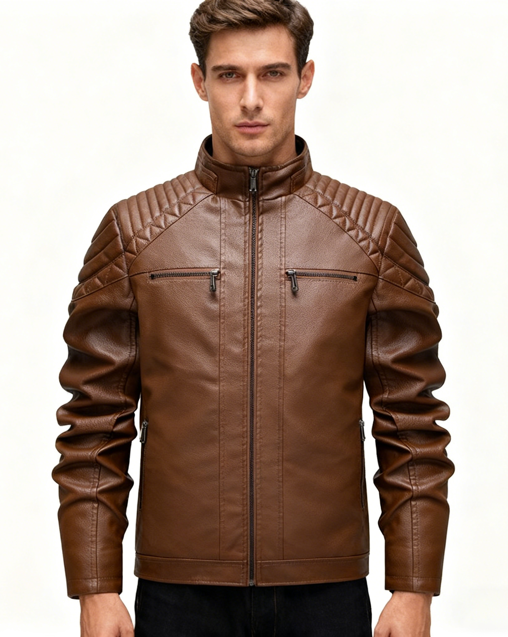 Fleece-Lined Stand Collar Leather Jacket