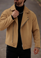 Men’s Asymmetric Zip Moto Jacket – Wide Lapel Coat, Casual Street Outerwear with Side