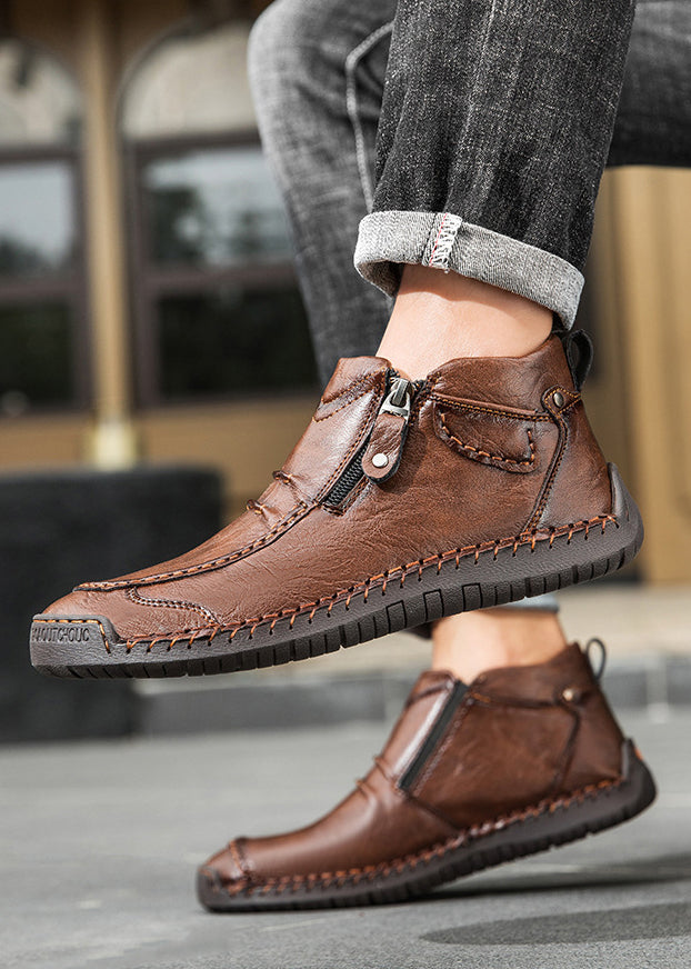 Men‘s Slip-On Leather Martin Boots – Round Toe, Casual, Breathable & Durable