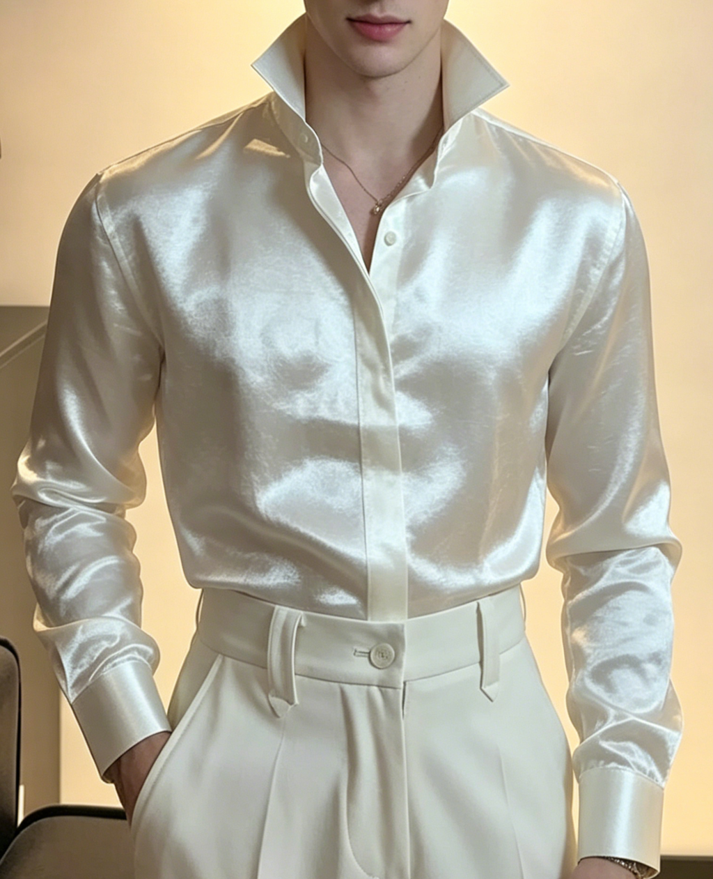 Premium Wrinkle-Textured Silky Long-Sleeve Shirt
