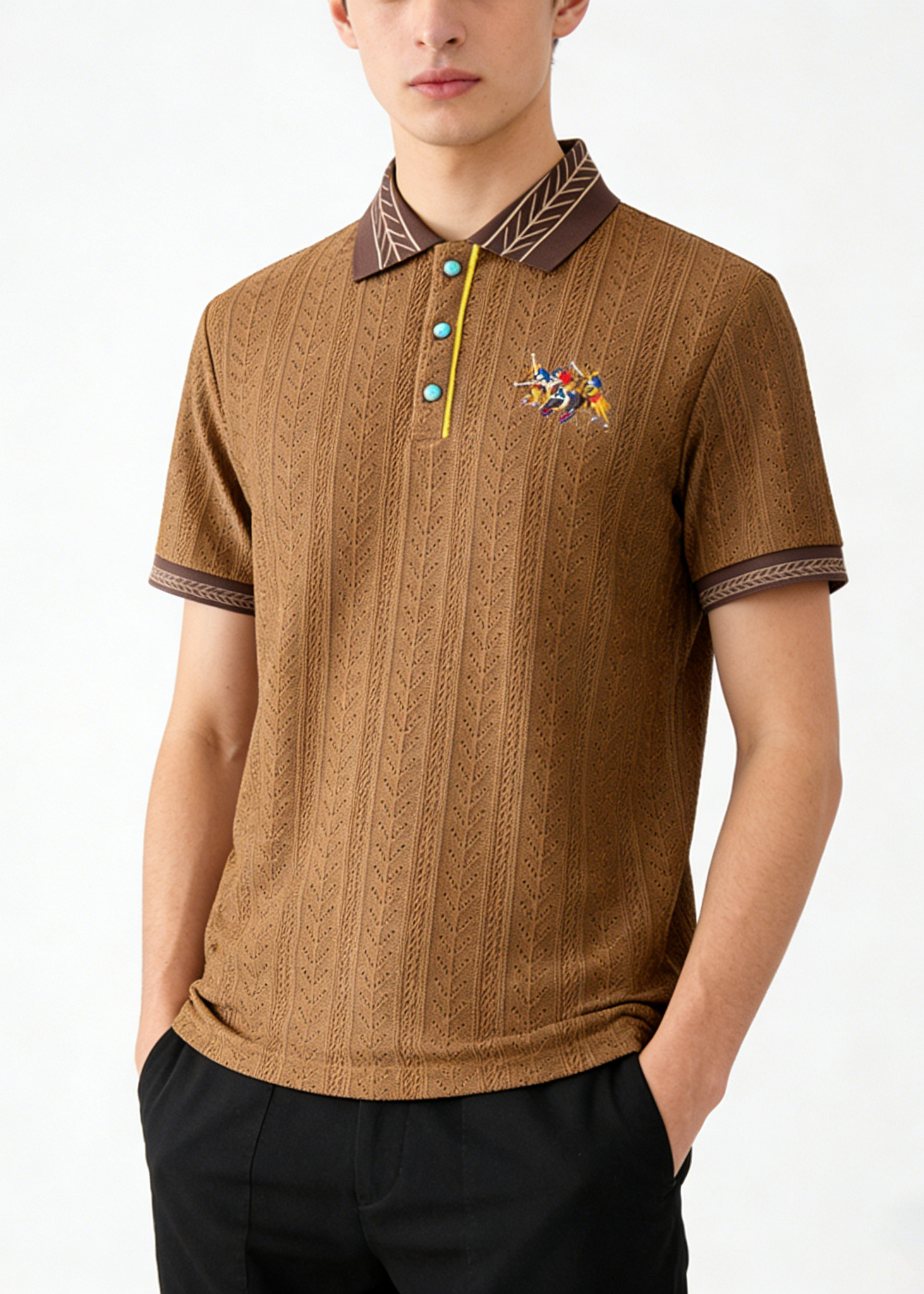Men's Retro Textured Knit Polo Shirt - Vintage Embroidery Color-Block Short Sleeve Knitwear