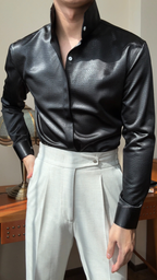 Premium Faux-Leather Texture Stand Collar Shirt - Slim Fit Metallic Gloss Long Sleeve Party & Clubwear Top