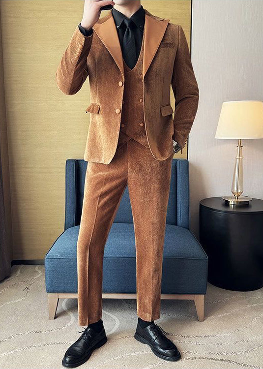 Vintage Luxury Chenille Suit Set with Contrast Leather Peak Lapel Slim Fit Groom Tuxedo & Party Wear