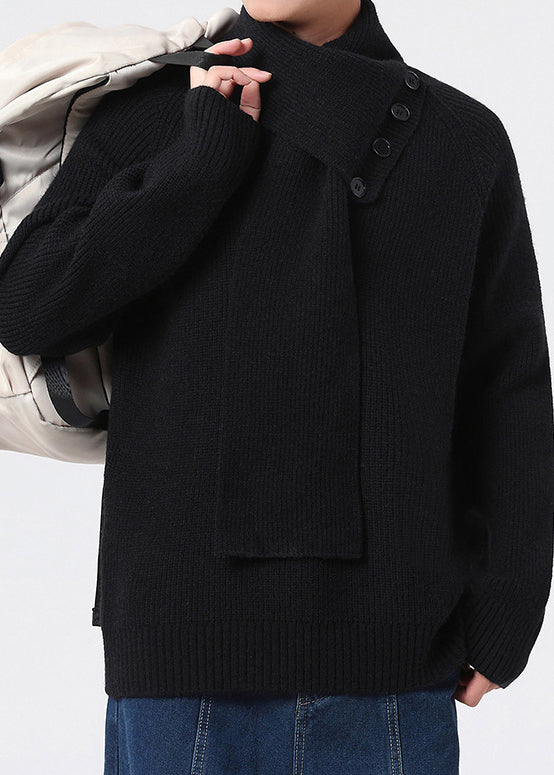Men’s Buttoned Scarf-Collar Knit Sweater
