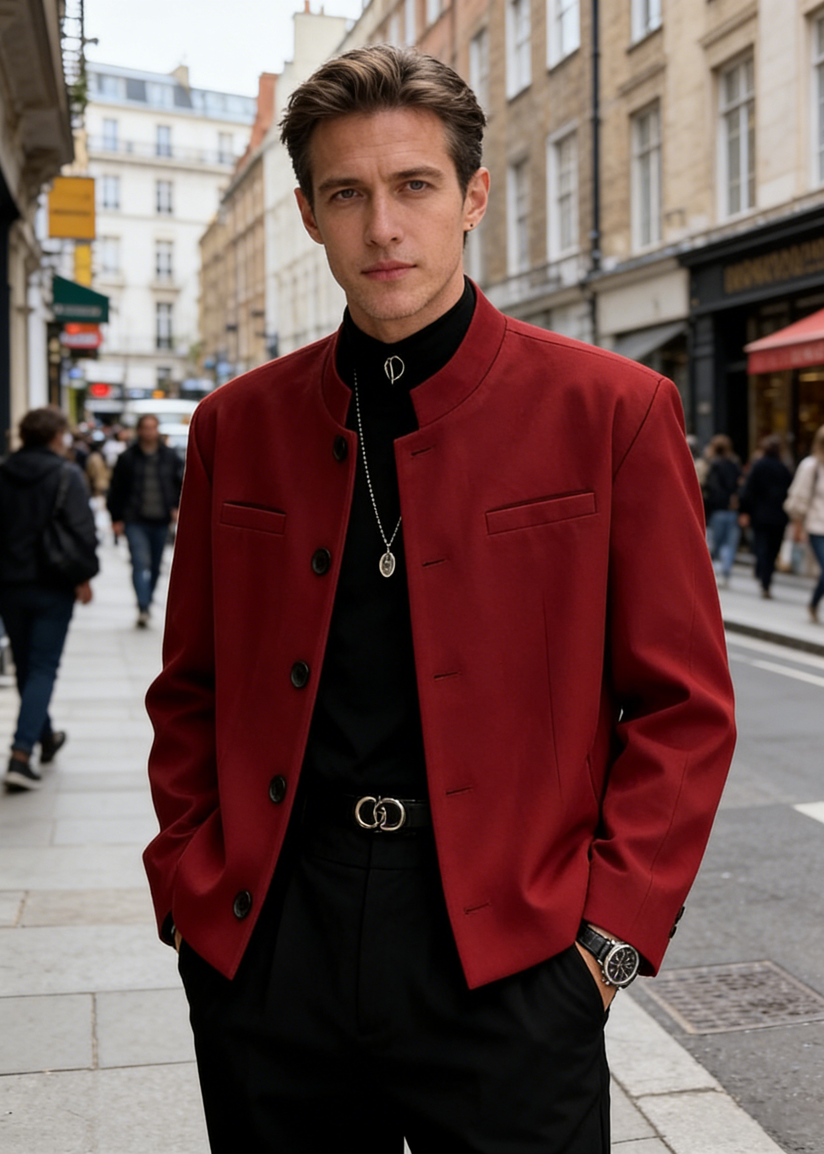 Premium Men's Mandarin Collar Blazer | Slim Fit Structured Jacket with Padded Shoulders