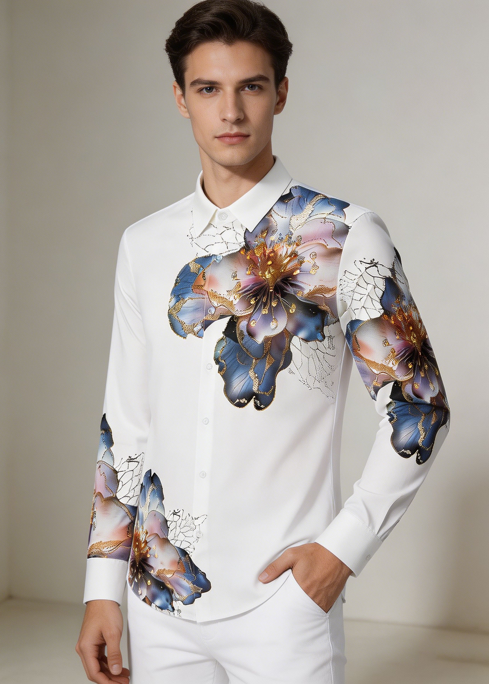 Luxury 3D Butterfly Rhinestone Shirt-Premium Long Sleeve Designer Shirt