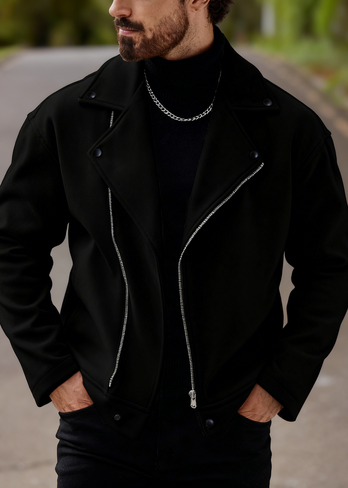 Men’s Asymmetric Zip Moto Jacket – Wide Lapel Coat, Casual Street Outerwear with Side