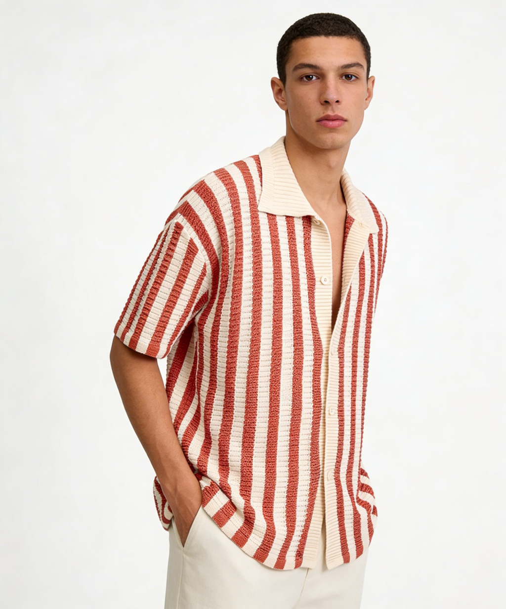 Men's Retro Knitted Striped Camp Collar Shirt