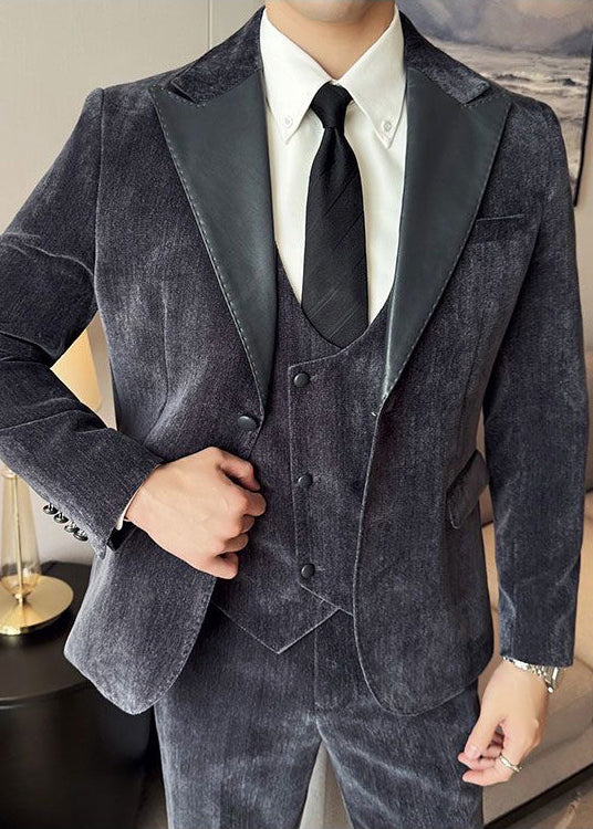 Vintage Luxury Chenille Suit Set with Contrast Leather Peak Lapel Slim Fit Groom Tuxedo & Party Wear