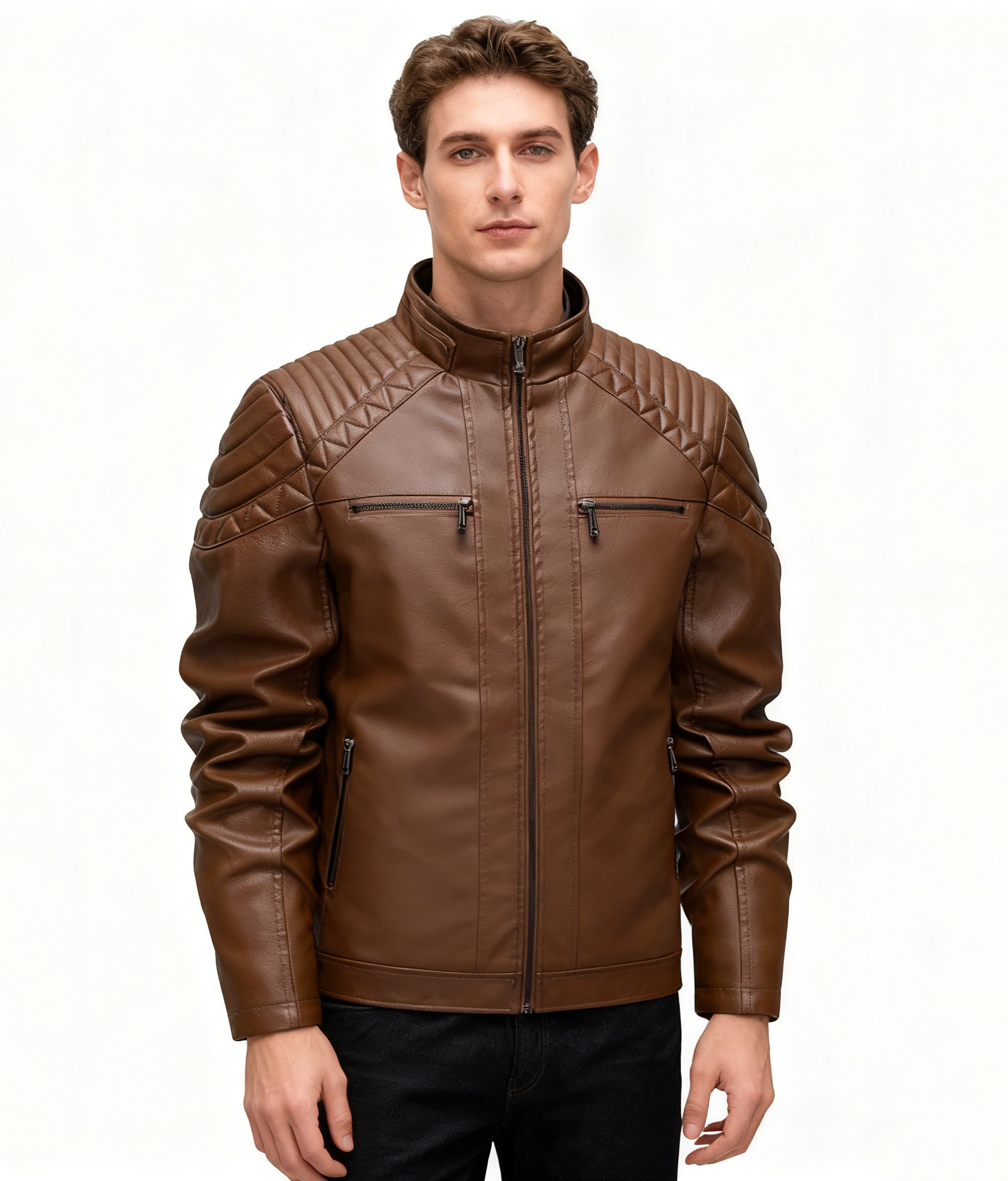 Fleece-Lined Stand Collar Leather Jacket