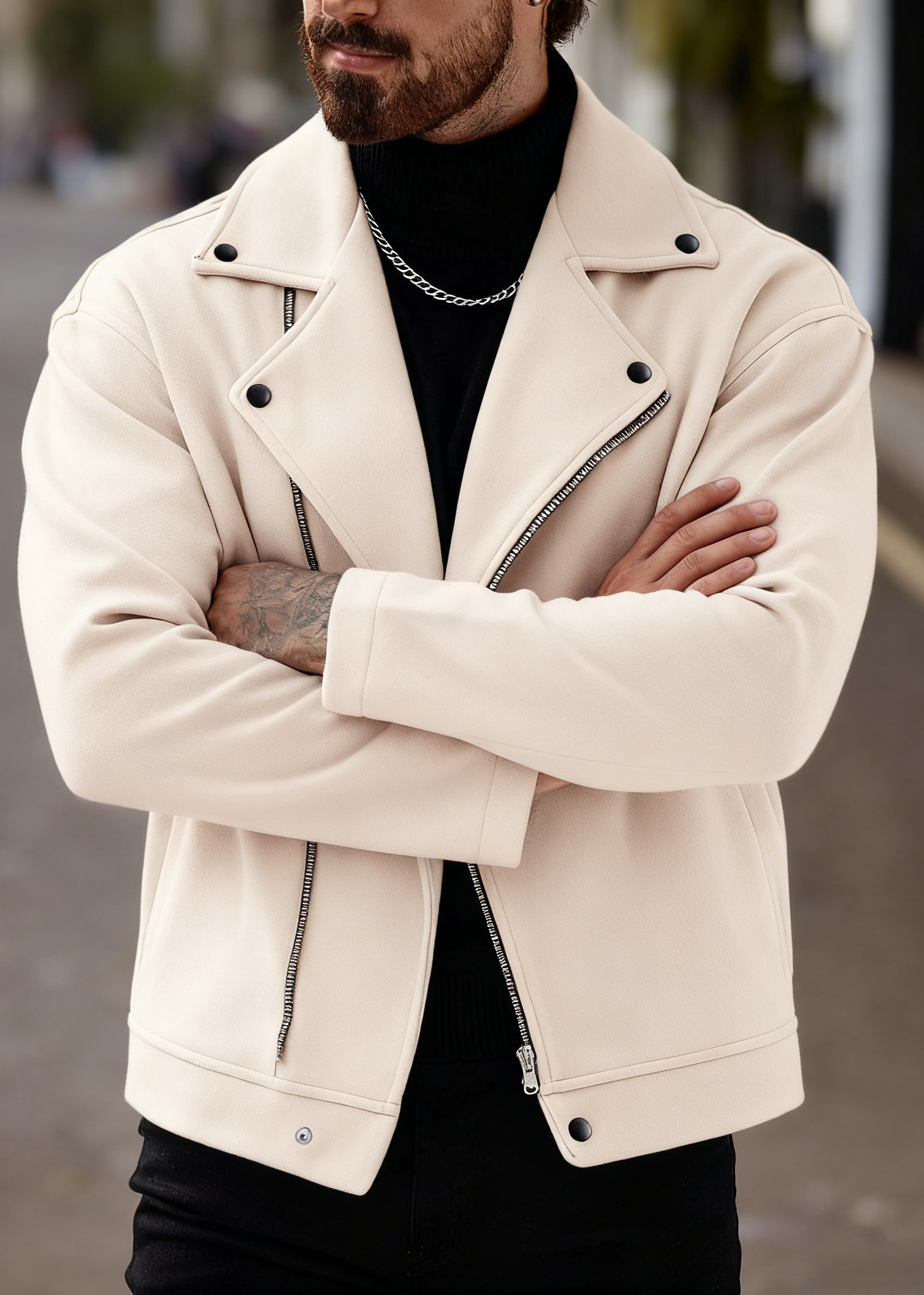 Men’s Asymmetric Zip Moto Jacket – Wide Lapel Coat, Casual Street Outerwear with Side