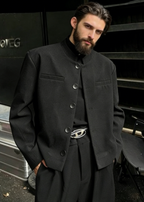 Premium Men's Mandarin Collar Blazer | Slim Fit Structured Jacket with Padded Shoulders