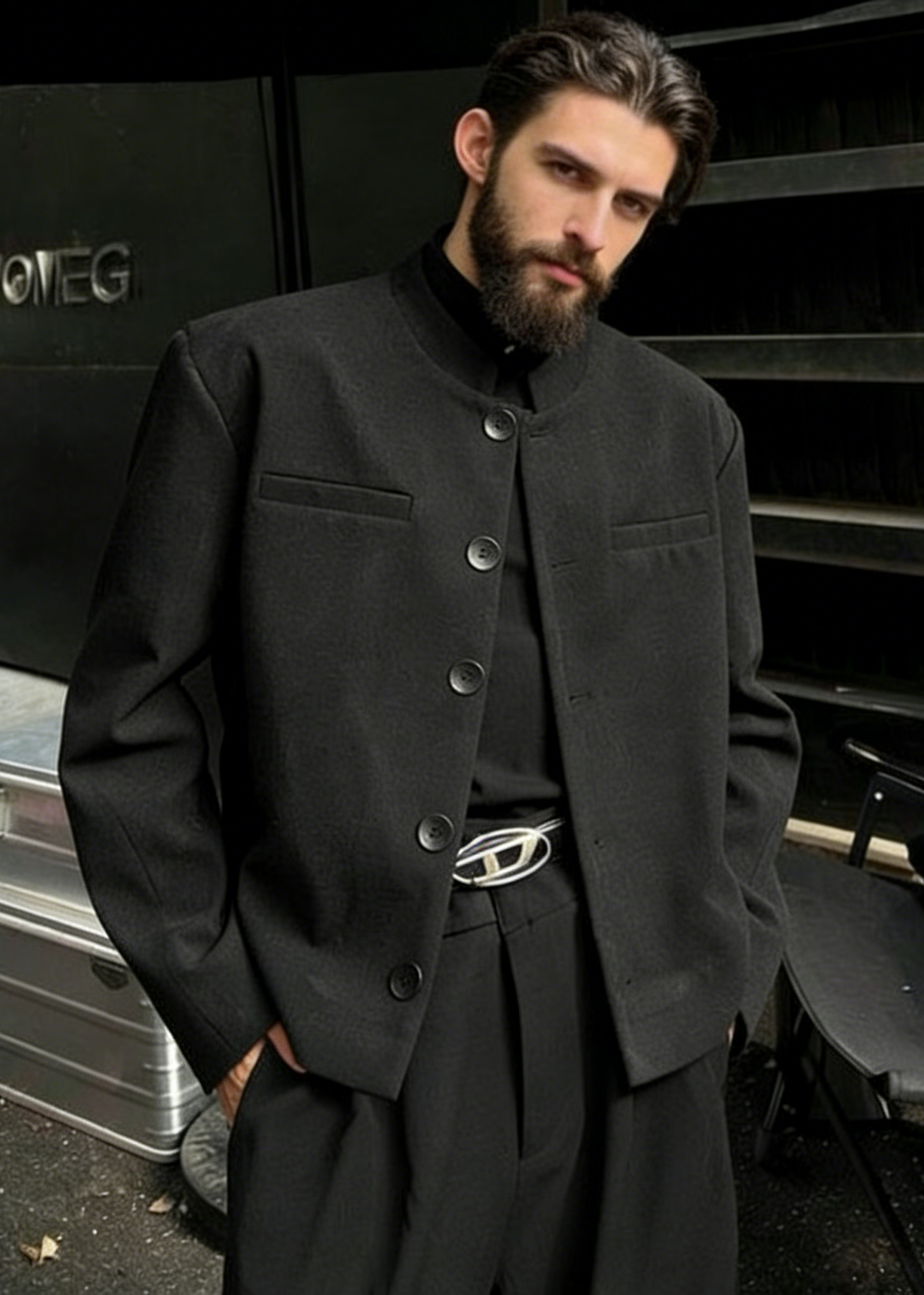 Premium Men's Mandarin Collar Blazer | Slim Fit Structured Jacket with Padded Shoulders