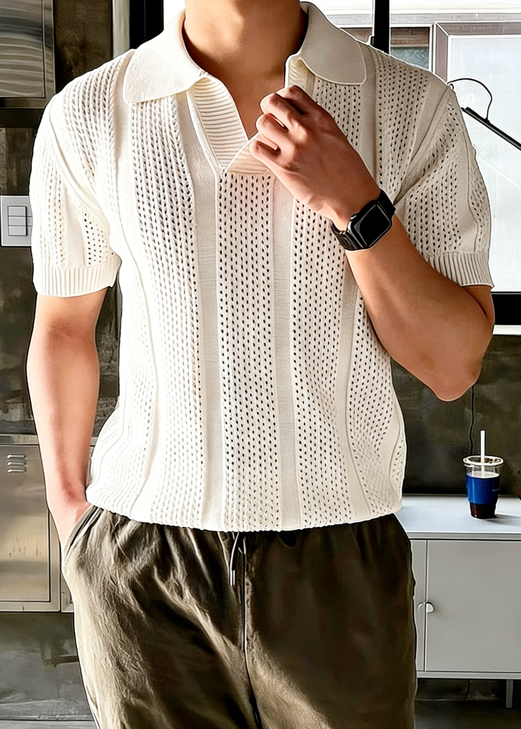 Retro Knitted Polo Shirt for Men - Breathable V-Neck Hollow Out Mesh Short Sleeve Ice Silk Knitwear