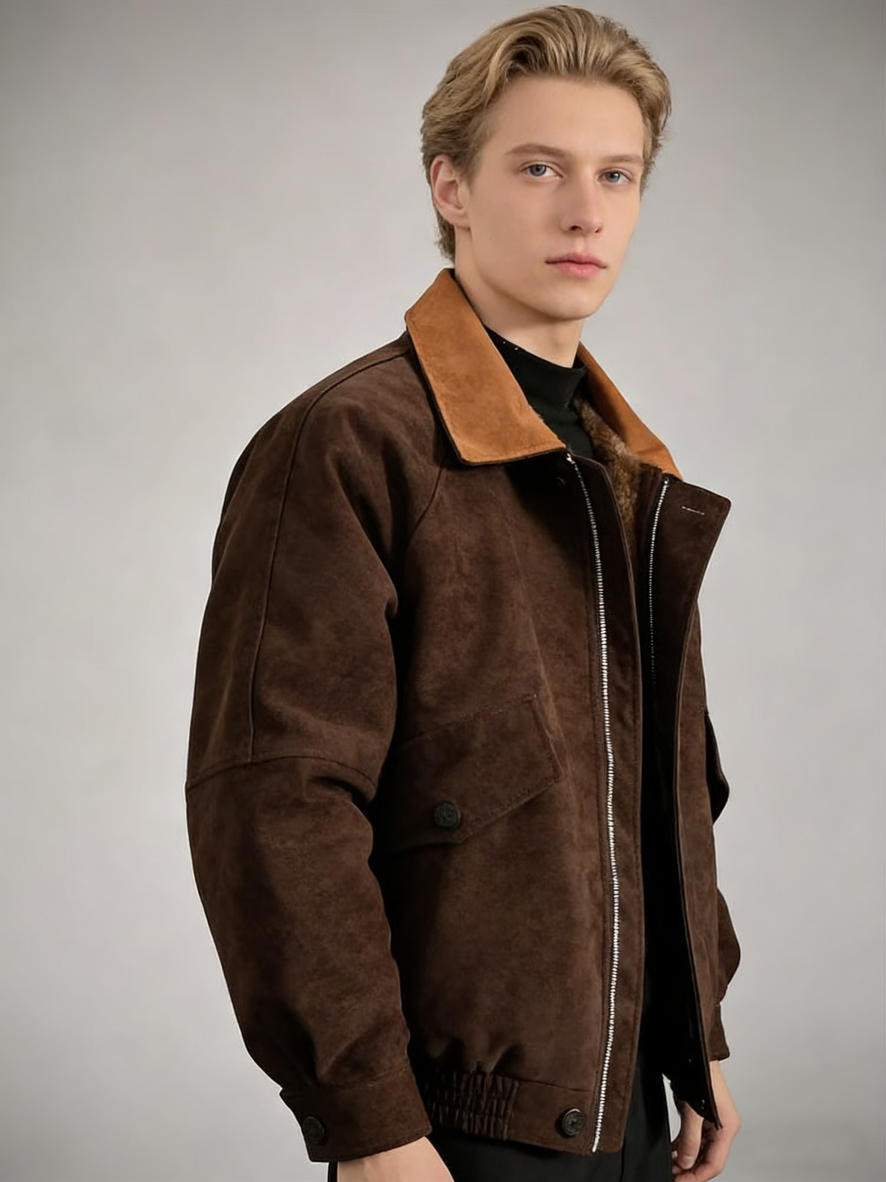 Contrast-Color Suede Lapel Padded Jacket