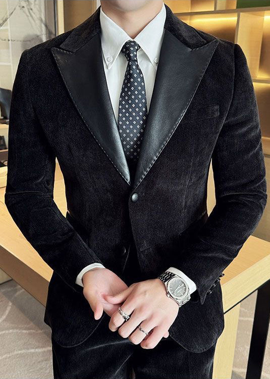 Vintage Luxury Chenille Suit Set with Contrast Leather Peak Lapel Slim Fit Groom Tuxedo & Party Wear