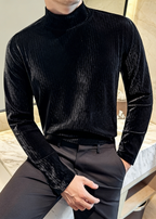 Men’s Diamond Jacquard Velvet Mock Neck Long Sleeve Base Layer – Slim Fit Thermal Top